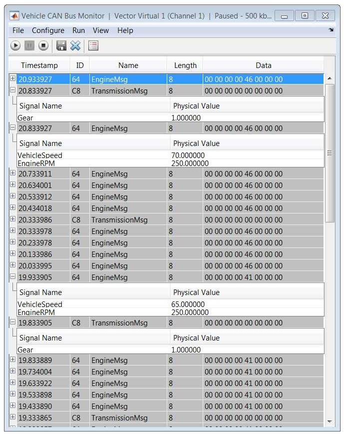 Живой трафик в сети CAN отображается в приложении Vehicle CAN Bus Monitor. Дисплей показывает необработанные данные; он может быть сконфигурирован для отображения декодированных данных, когда канал CAN связан с .dbc файлом базы данных.